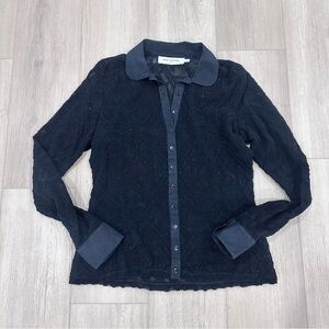 Anne Fontaine collared long sleeve fishnet mesh button down top black sz 40 US 8